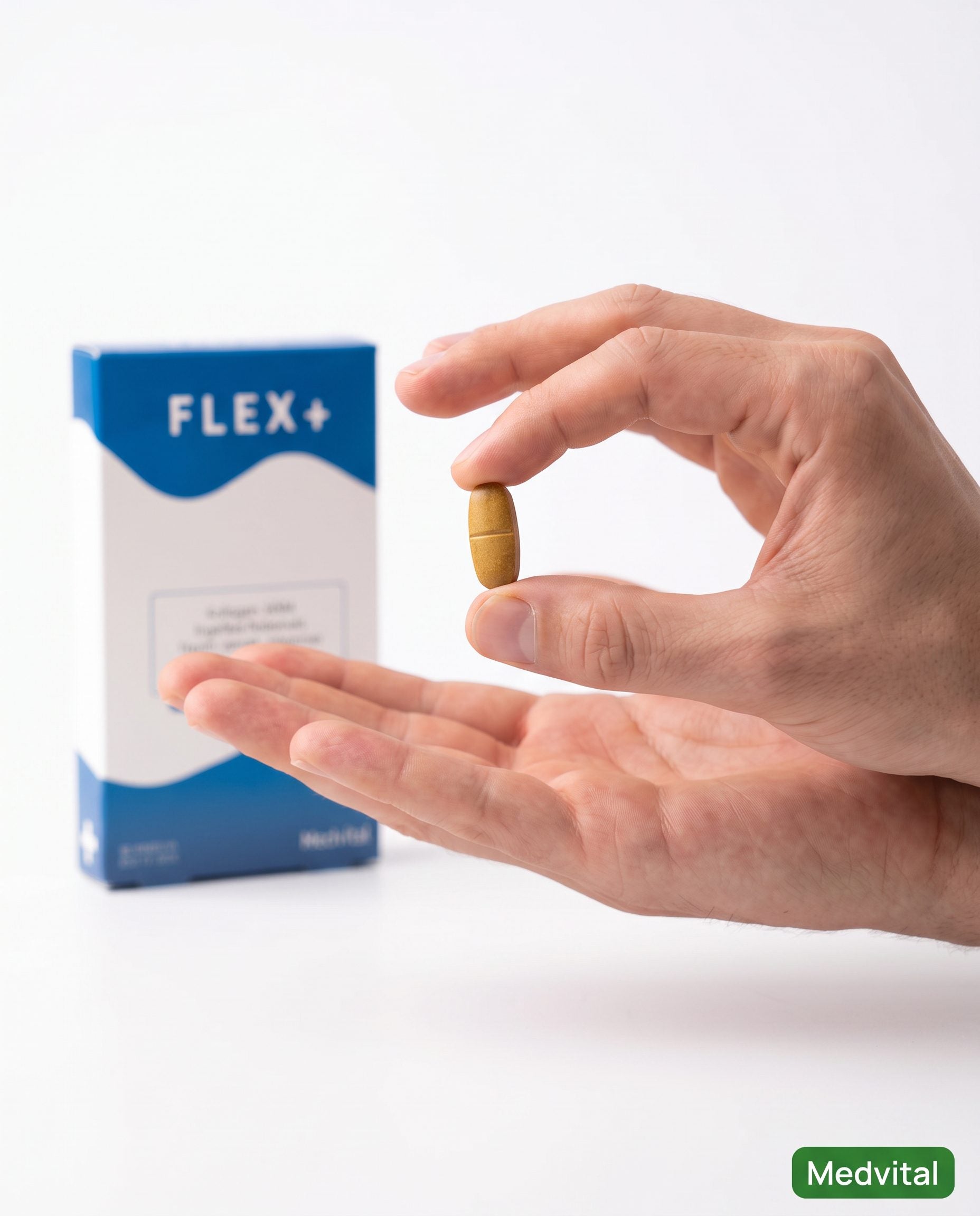 En hand håller en Flex+-tablett framför förpackningen