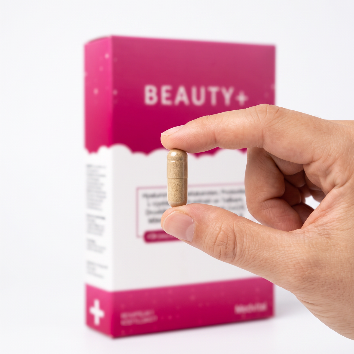 En Beauty+-kapsel hålls mellan två fingrar framför förpackningen