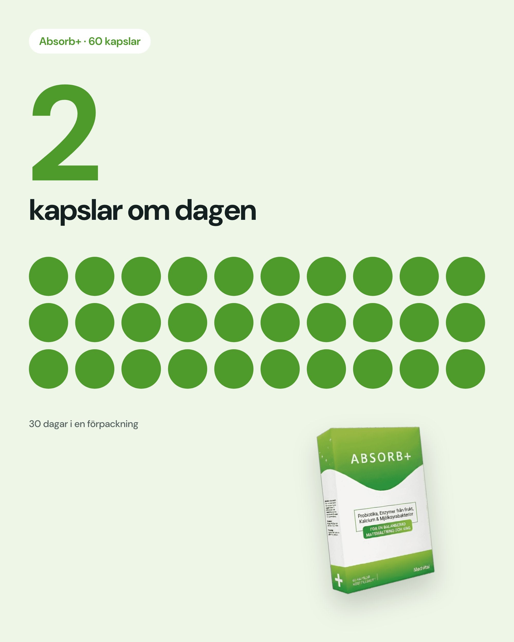 Doseringskort för Absorb+: två kapslar om dagen, 60 kapslar