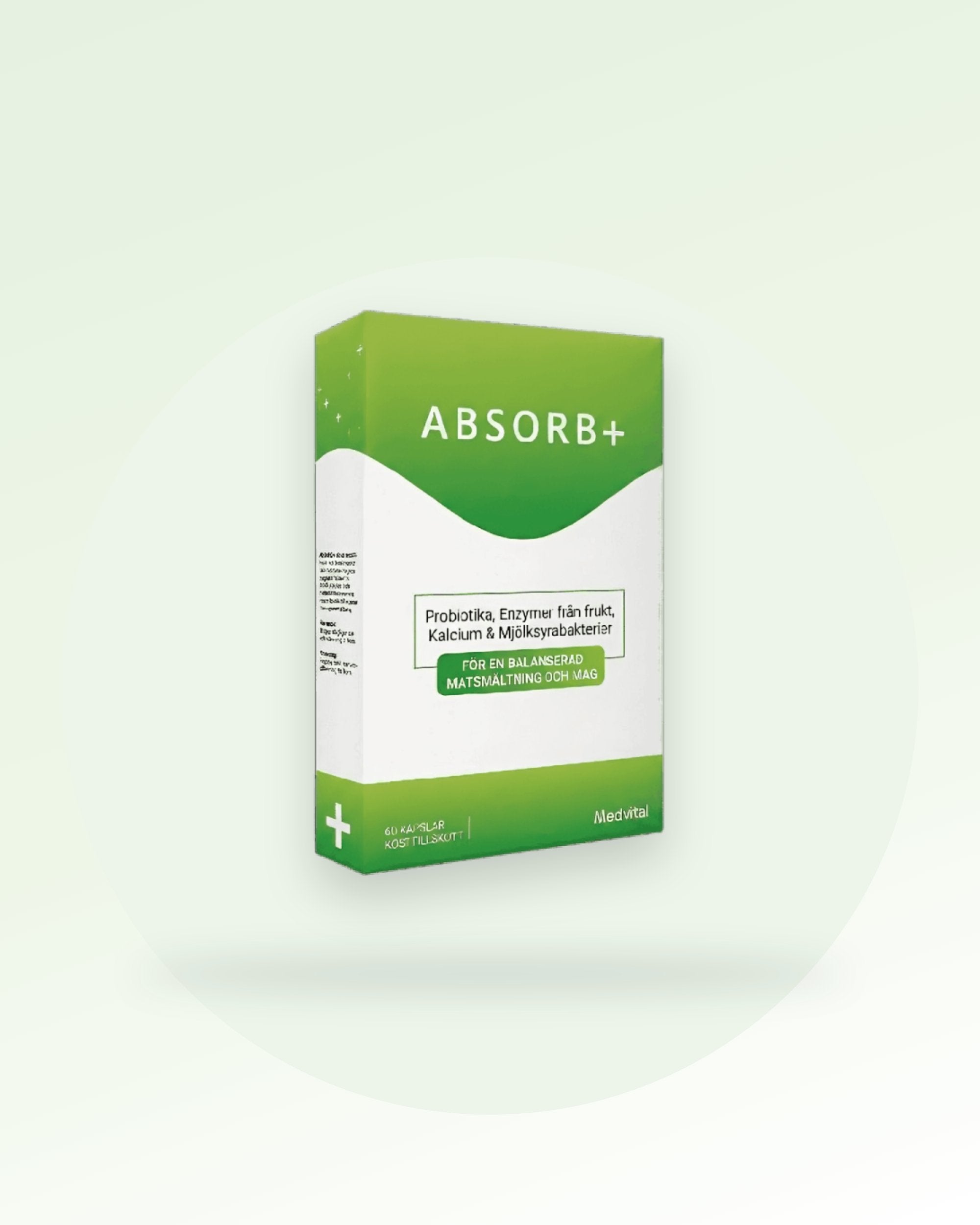Absorb+ förpackning på grön tonad bakgrund