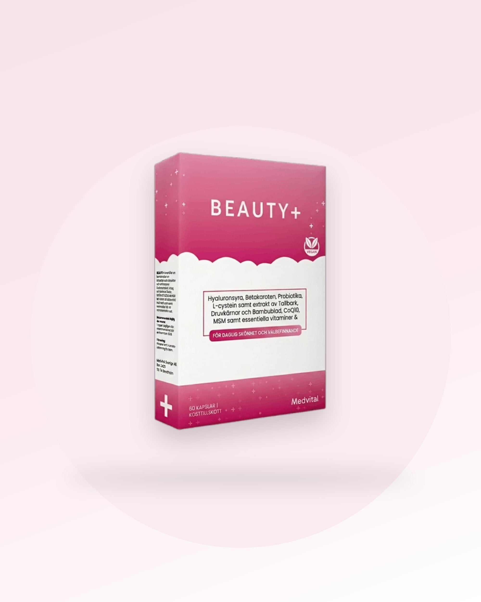 Beauty+ förpackning på rosa tonad bakgrund