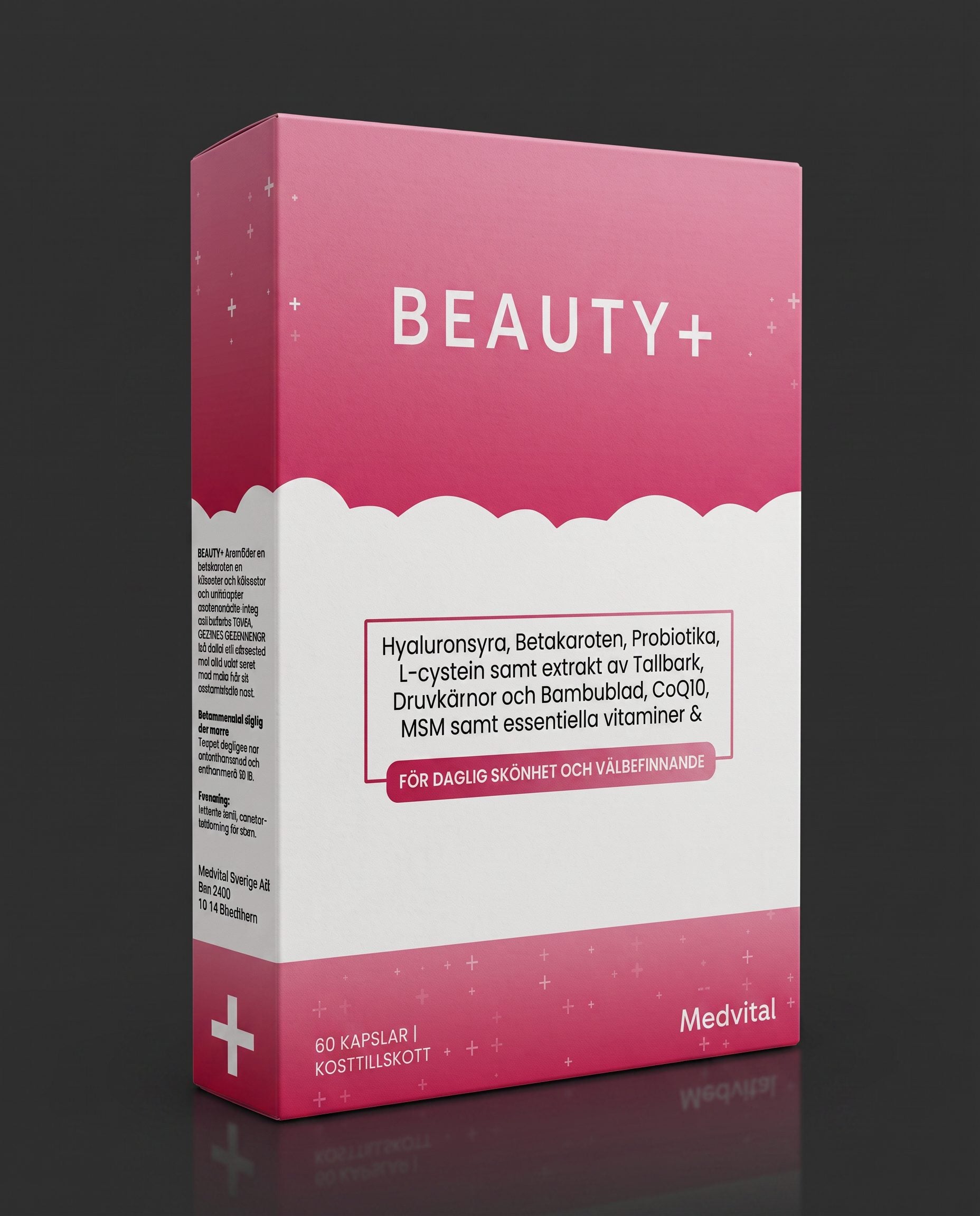 Beauty+ förpackning snett framifrån på mörkgrå bakgrund