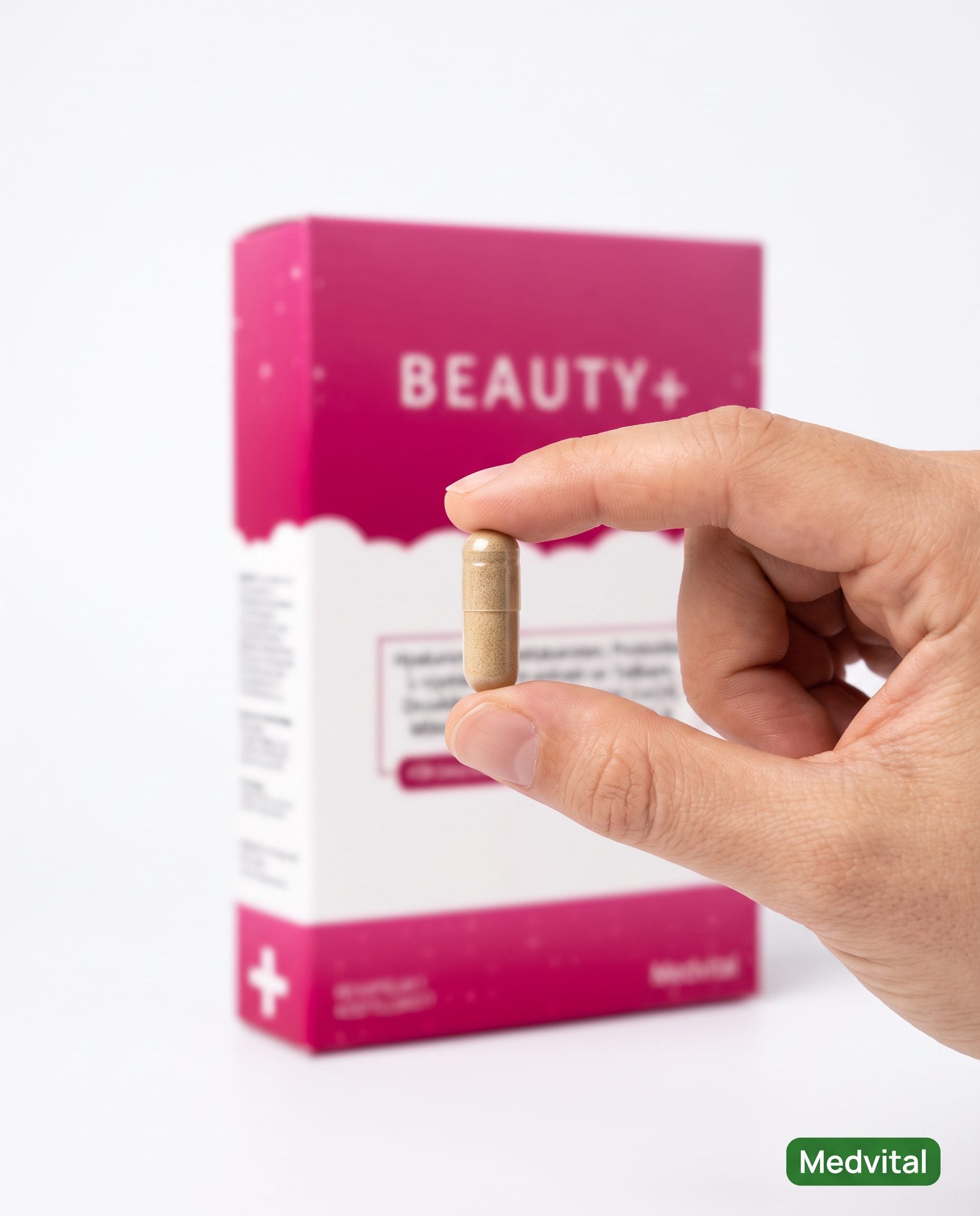 En hand håller en Beauty+-kapsel framför förpackningen