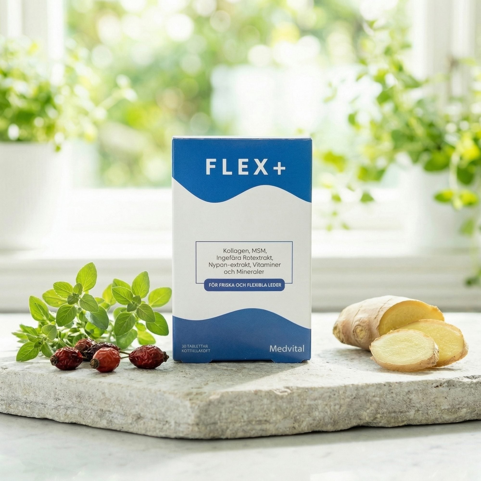 Flex+ förpackning omgiven av ingefära och nypon