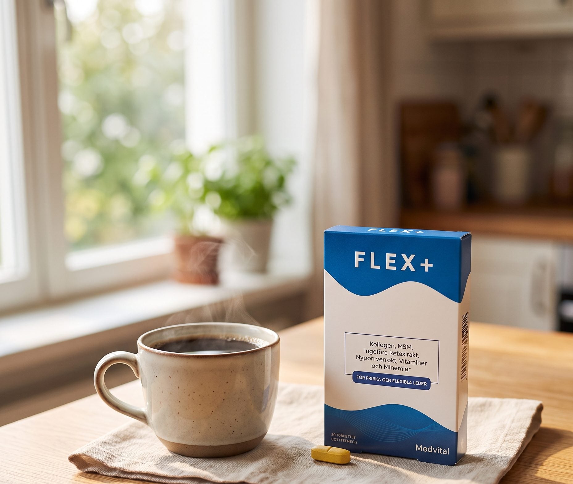 Flex+ förpackning bredvid en kaffekopp på ett köksbord
