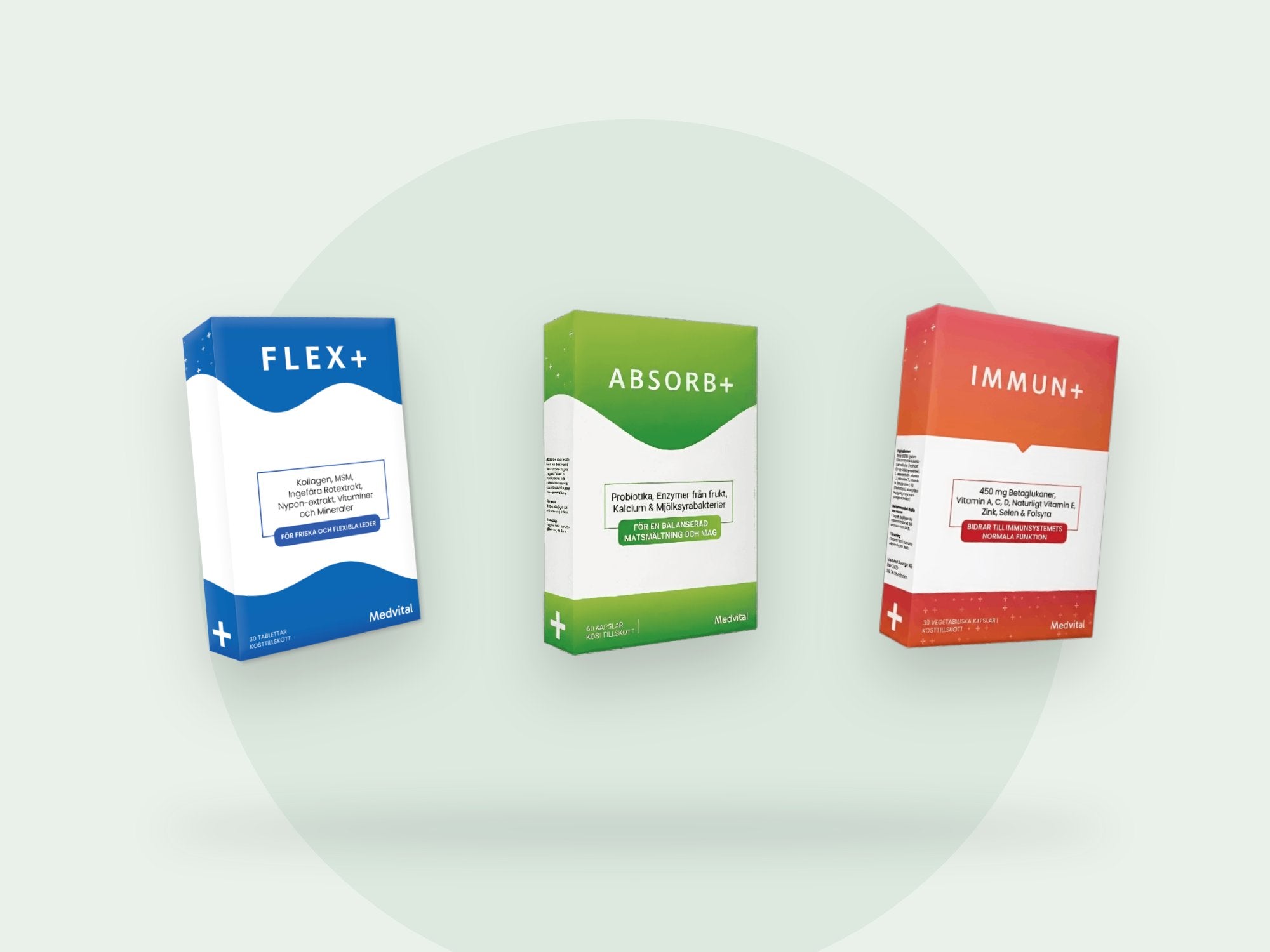Flex+, Absorb+ och Immun+ tillsammans på grön bakgrund